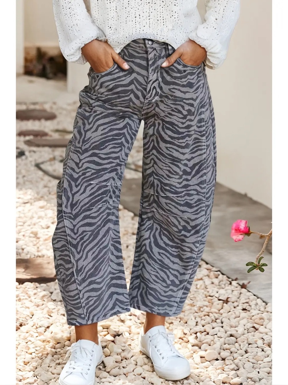 NWT Gray Zebra Print Wide Barrel Leg Pants